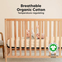 KeaBabies pecan crib sheets on mattress demonstrating snug fit and 52x28 size