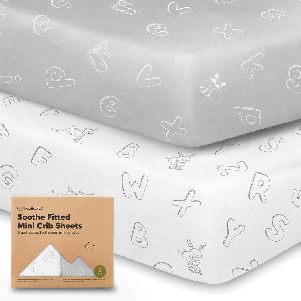 KeaBabies ABC Land overview image showing two-pack mini crib sheets for organized nursery.