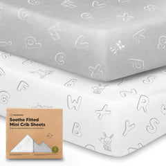 KeaBabies ABC Land overview image showing two-pack mini crib sheets for organized nursery.