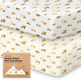 KeaBabies 2-pack mini crib sheets laid flat for 38x26 pack n play compatibility.