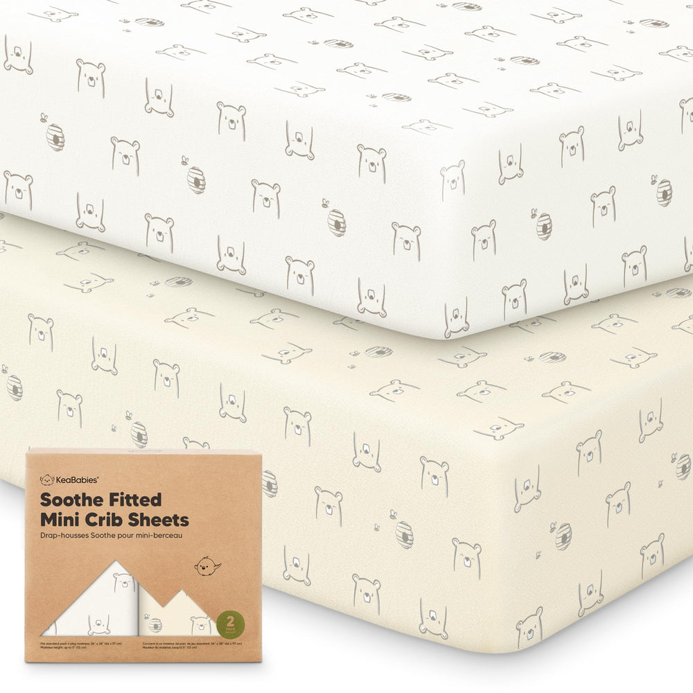 KeaBabies 2-pack mini crib sheets flat lay shows compact packaging and fit accuracy.