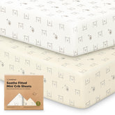 KeaBabies 2-pack mini crib sheets flat lay shows compact packaging and fit accuracy.
