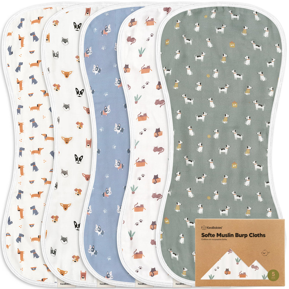 KeaBabies 5-pack muslin burp cloths show a soft touch for gentle burping and mess protection.