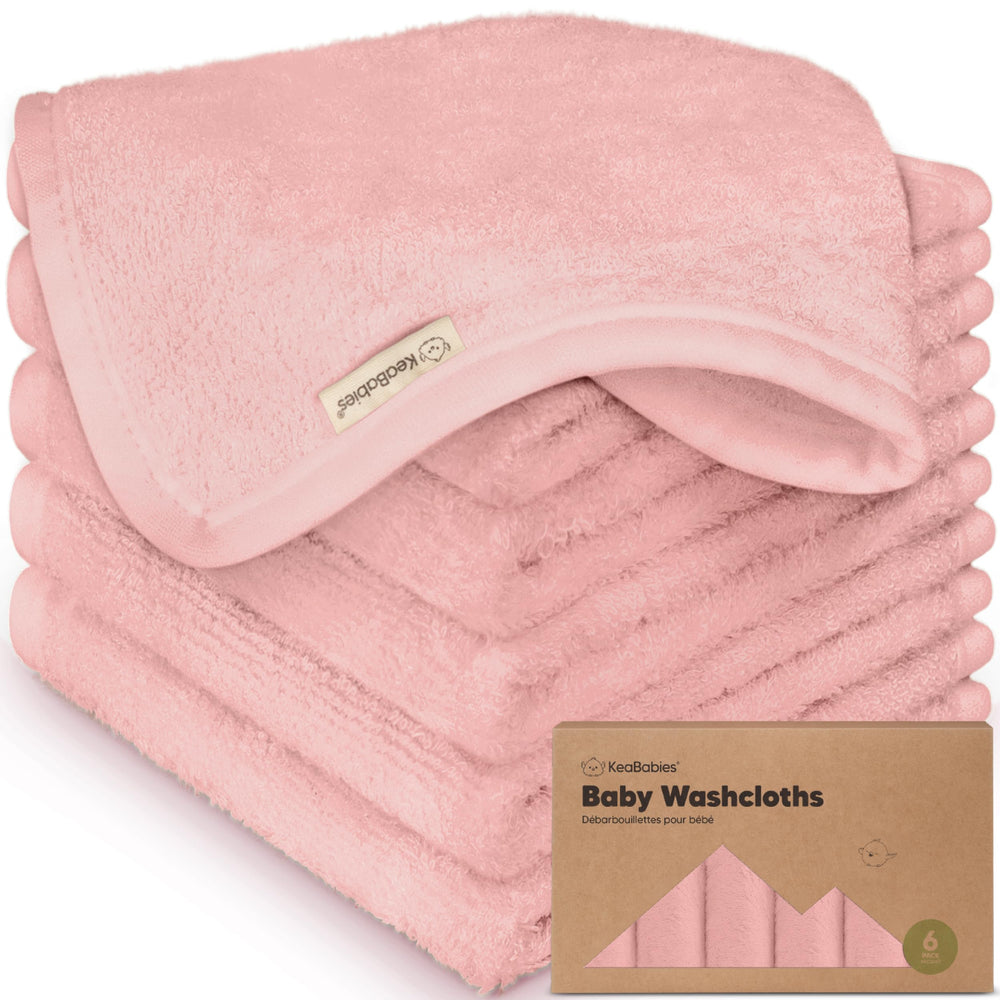 KeaBabies 6-pack washcloths Rosy pack shot, plush and gentle for baby bath time.