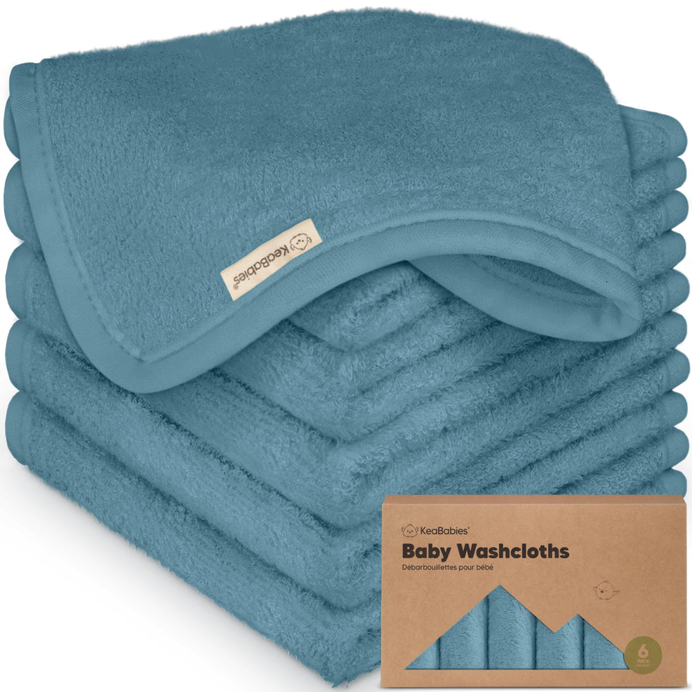 KeaBabies 6-pack washcloths in Aegean Blue folded for gentle baby skincare.