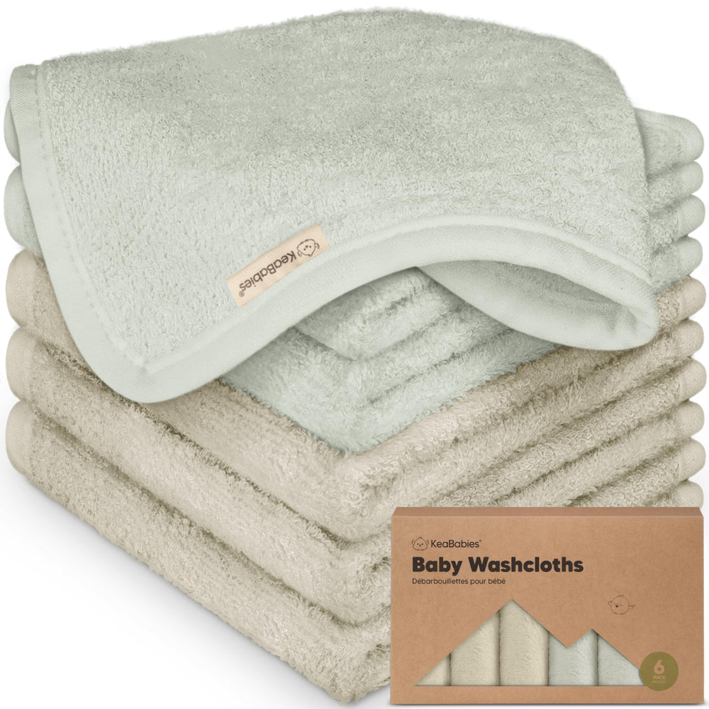 KeaBabies 6-pack washcloths in stone and dove colors, ideal for gentle newborn bath time.