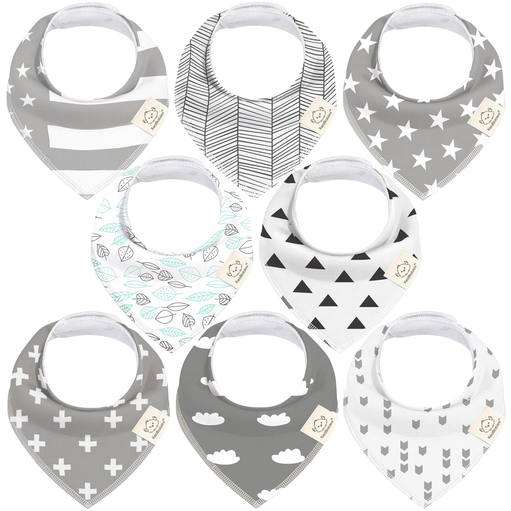 KeaBabies 8-pack bandana bibs in Grayscape folded for travel-friendly style