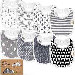 KeaBabies 8-pack bibs front view in grayscale showing versatile unisex design and fit