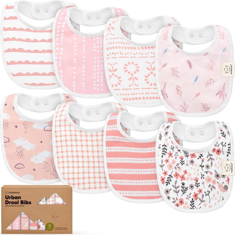 KeaBabies 8-pack organic bibs set shown with multiple patterns for drool and feeding use
