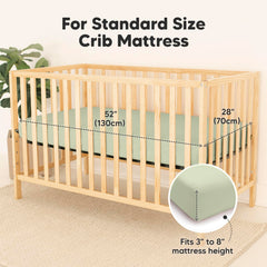 KeaBabies avocado crib sheet on mattress demonstrates snug fit for secure sleep.