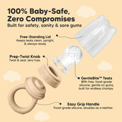 KeaBabies baby fruit feeder 2pk shows three-stage sizes for growing babies.