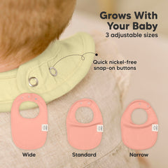 KeaBabies bib with adjustable nickel-free snaps demonstrating a secure fit.