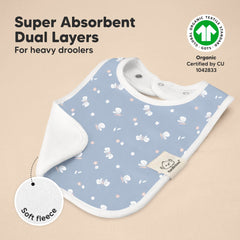 KeaBabies Coast bib on baby demonstrates extended chest coverage.