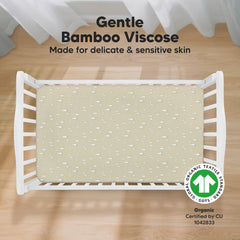 Keababies 52x28 fitted crib sheet on standard mattress, secure fit