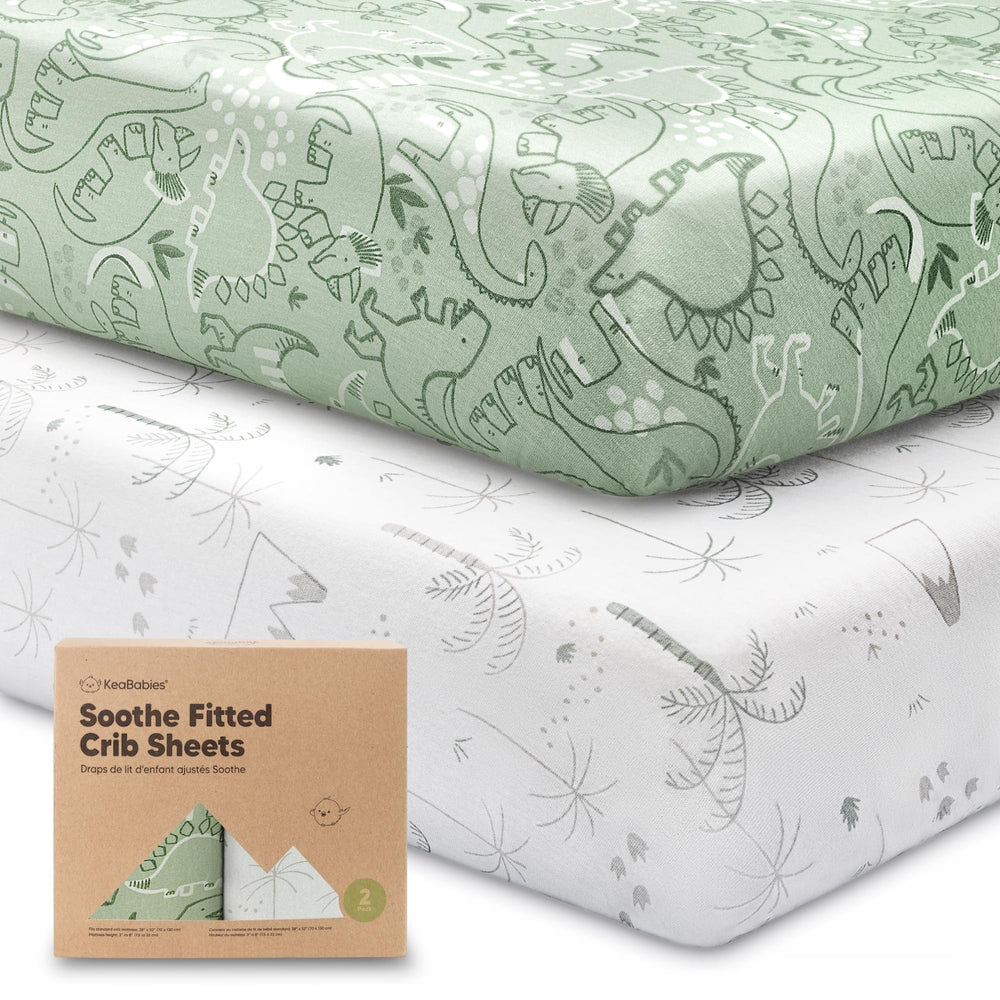 KeaBabies DinoDood crib sheet pack close-up showing soft organic fabric for gentle sleep