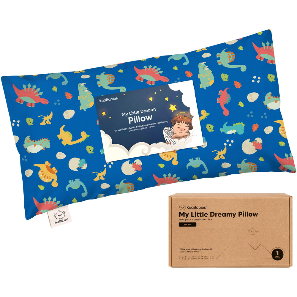 KeaBabies Dinoworld pillow front view shows travel-friendly 10x18 size for toddlers.