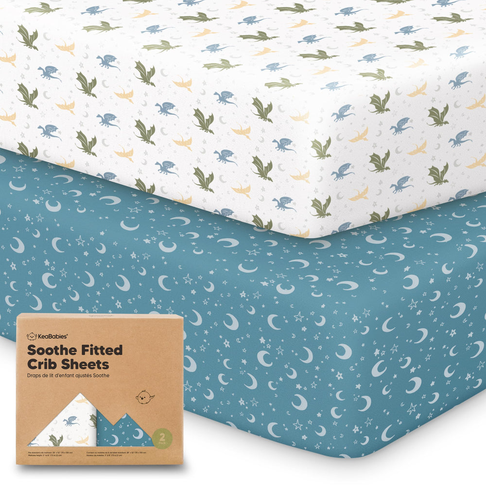 KeaBabies dragon tale print crib sheet on standard mattress for cozy bedtime