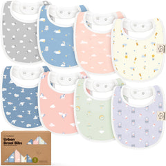 KeaBabies Dreamers 8-pack bibs flatlay with soft organic cotton for gentle daily wear.