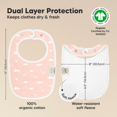 KeaBabies Dreamers bib on baby chest demonstrating full-coverage drool protection.
