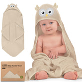KeaBabies hooded towel Owl design flatlay highlighting cozy bath time essentials.