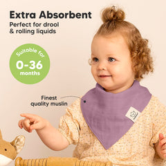 KeaBabies Lumi lavender muslin bib close-up highlights absorbency and quick-dry.