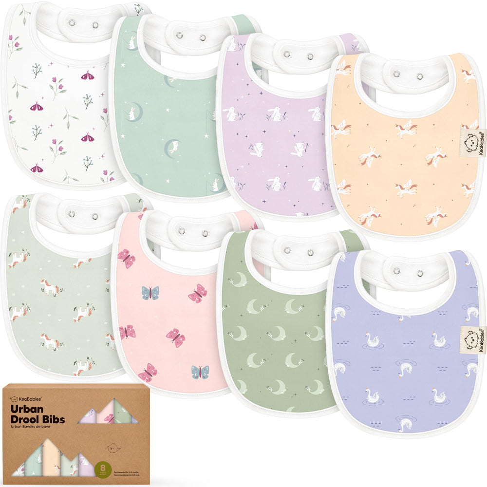 KeaBabies Lunaris 8-pack bibs side view shows versatile drool protection for daily messes.