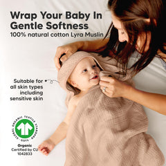 KeaBabies Lyra Muslin Hooded Towel Almond Petite 30x30, growth-ready for newborns to toddlers.