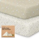 KeaBabies 2-pack mini crib sheets on a pack-n-play drawer showing fit and neutral Pine Grove color for unisex nursery