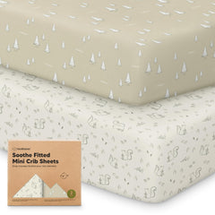 KeaBabies 2-pack mini crib sheets on a pack-n-play drawer showing fit and neutral Pine Grove color for unisex nursery