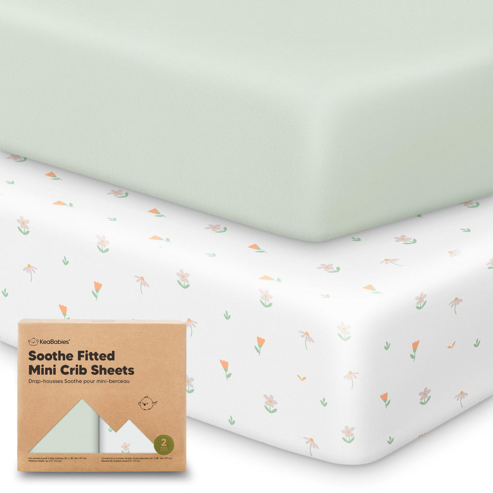 KeaBabies Wildflowers mini crib sheets two-pack on pack-n-play mattress for restful naps