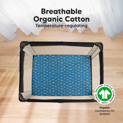 KeaBabies pack-n-play 38x26 fit closeup demonstrates snugfit elastic in action for secure fit