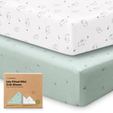 KeaBabies pack-n-play-sheets-2pack-set on a mattress, easy care for busy households.