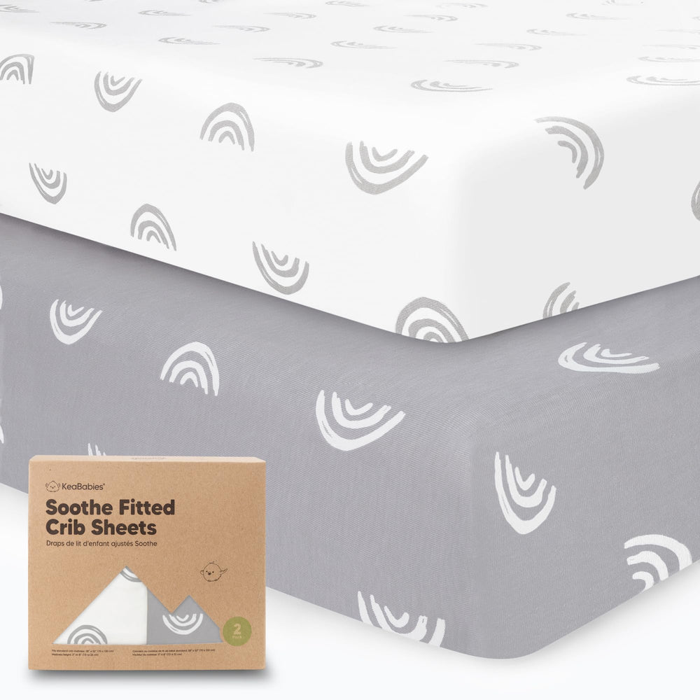 KeaBabies rainbow crib sheet close-up shows soft organic cotton for gentle baby sleep.