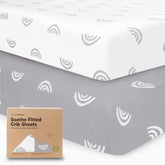 KeaBabies rainbow crib sheet close-up shows soft organic cotton for gentle baby sleep.