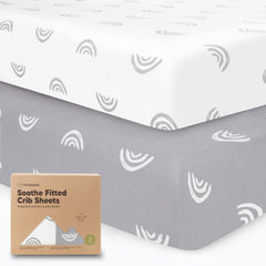 KeaBabies rainbow crib sheet close-up shows soft organic cotton for gentle baby sleep.