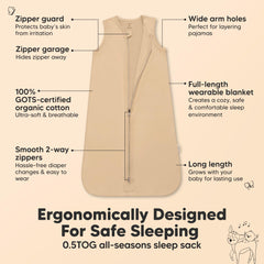 KeaBabies sleep sack toasted open 2-way zipper supports easy diaper access.