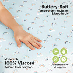 KeaBabies SnugFit edges demonstrate easy-fitting, secure stay on pack n play or mini crib.