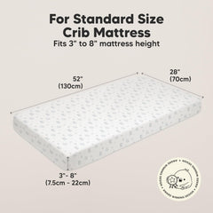 KeaBabies SnugFit Tech image demonstrates easy-fit for quick crib sheet changes.