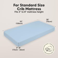 KeaBabies SnugFit Tech illustration demonstrates easy fitting for crib sheets.