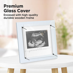 KeaBabies Solo Sonogram Frame Mist Blue closeup showcasing premium wood and clean lines