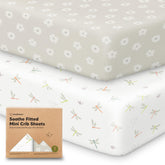 KeaBabies Soothe mini crib sheets Meadow folded, highlighting soft organic cotton for gentle sleep.
