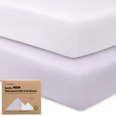 KeaBabies Soothe Protect+ mini crib sheet 2-pack packaging shows easy setup and leak protection.