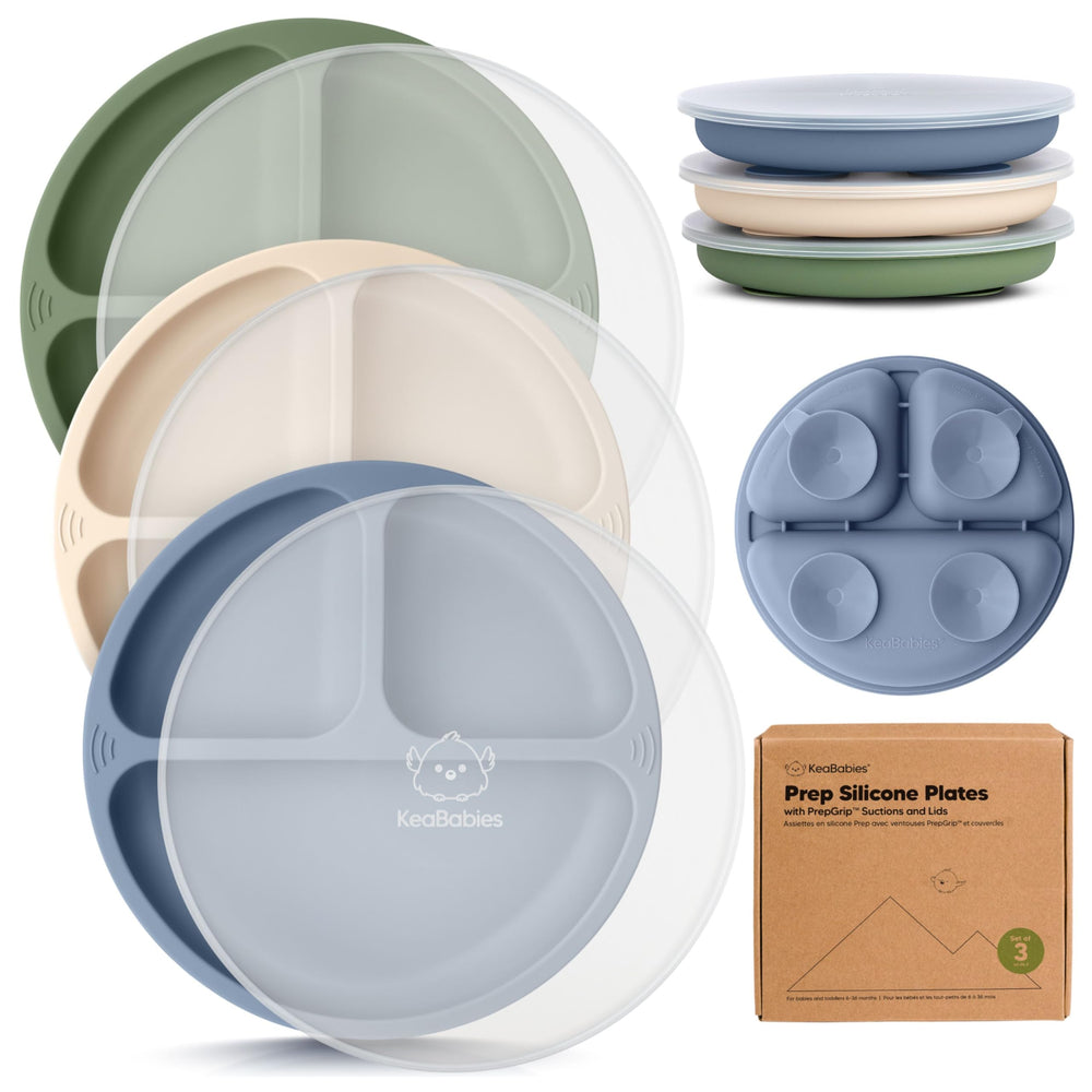 KeaBabies suction plates with lids in slate showing strong grip for mess-free mealtimes
