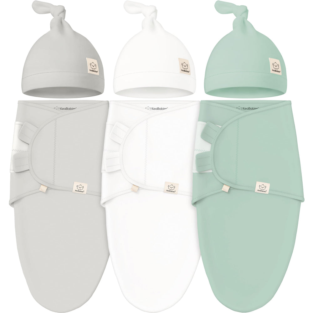 KeaBabies swaddle sack with sage hats closeup promoting secure wrap for calm newborn sleep.
