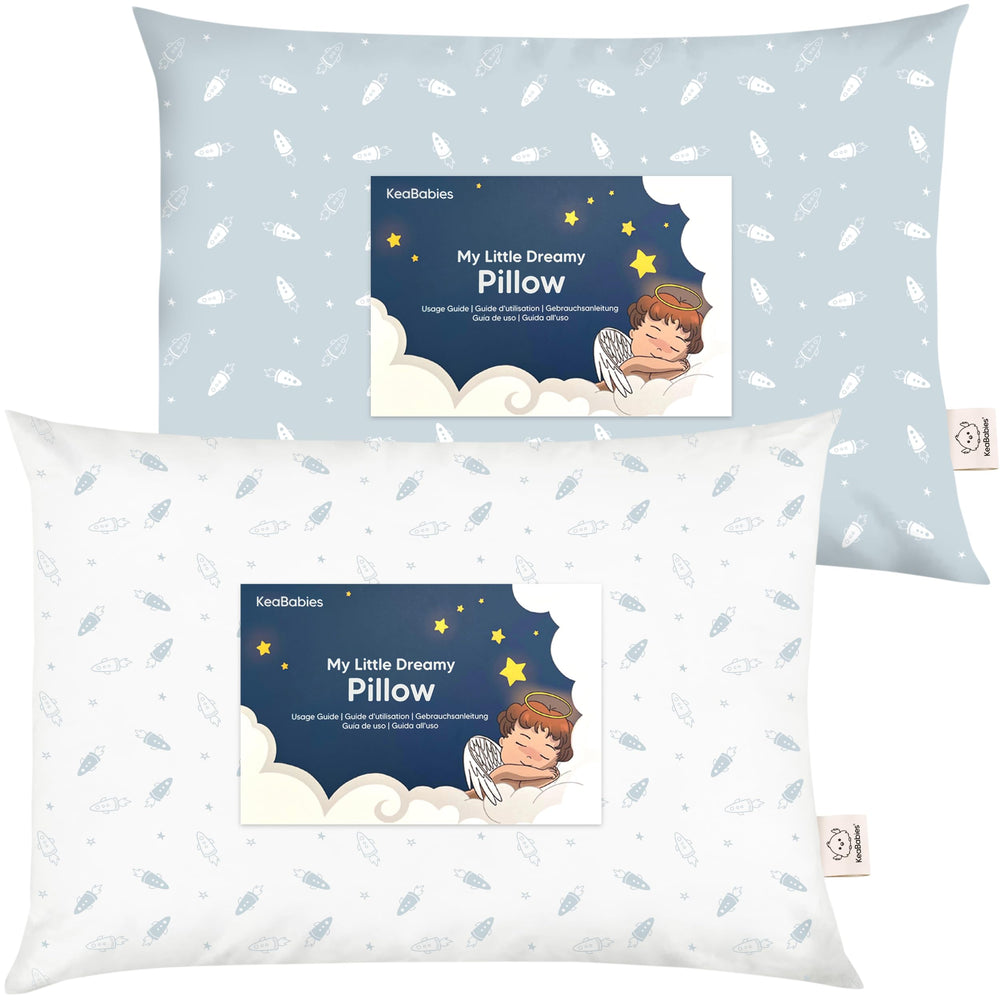 KeaBabies toddler pillow in packaging shows compact travel-ready design for on-the-go sleep