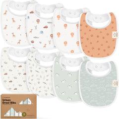 KeaBabies Wilderness bibs pack flatlay shows 8 unisex bibs for all-day mess management.
