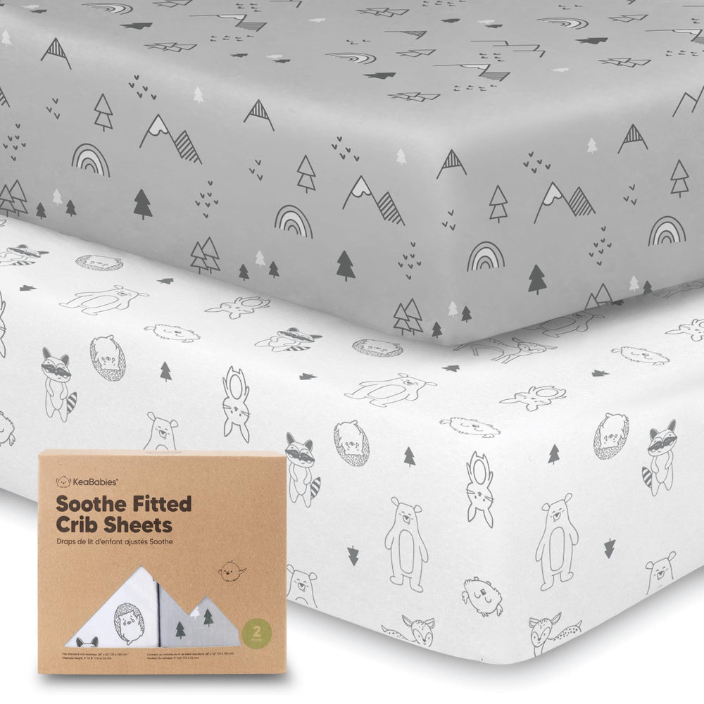KeaBabies 2-pack Woodland crib sheets folded for quick setup and tidy nursery