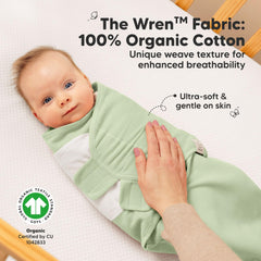 KeaBabies Wren swaddle sack supports ergonomic hip development.