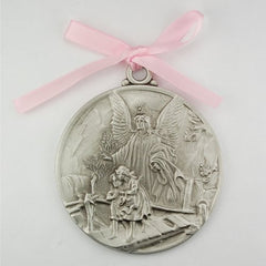 KeegansCatholicTreasures guardian angel crib medal with pink ribbon keepsake for baptism
