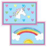 Kelly Hughes Designs unicorn rainbow placemat Side A — vivid art for mealtime and easy wipe-clean.